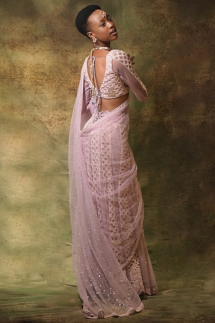 Lilac Net Lucknowi Thread Work Pre-Stitched Skirt Reception Saree Set by Archana Kochhar at Pernia's Pop Up Shop