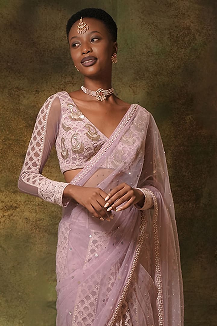 Lilac Net Lucknowi Thread Work Pre-Stitched Skirt Reception Saree Set by Archana Kochhar at Pernia's Pop Up Shop