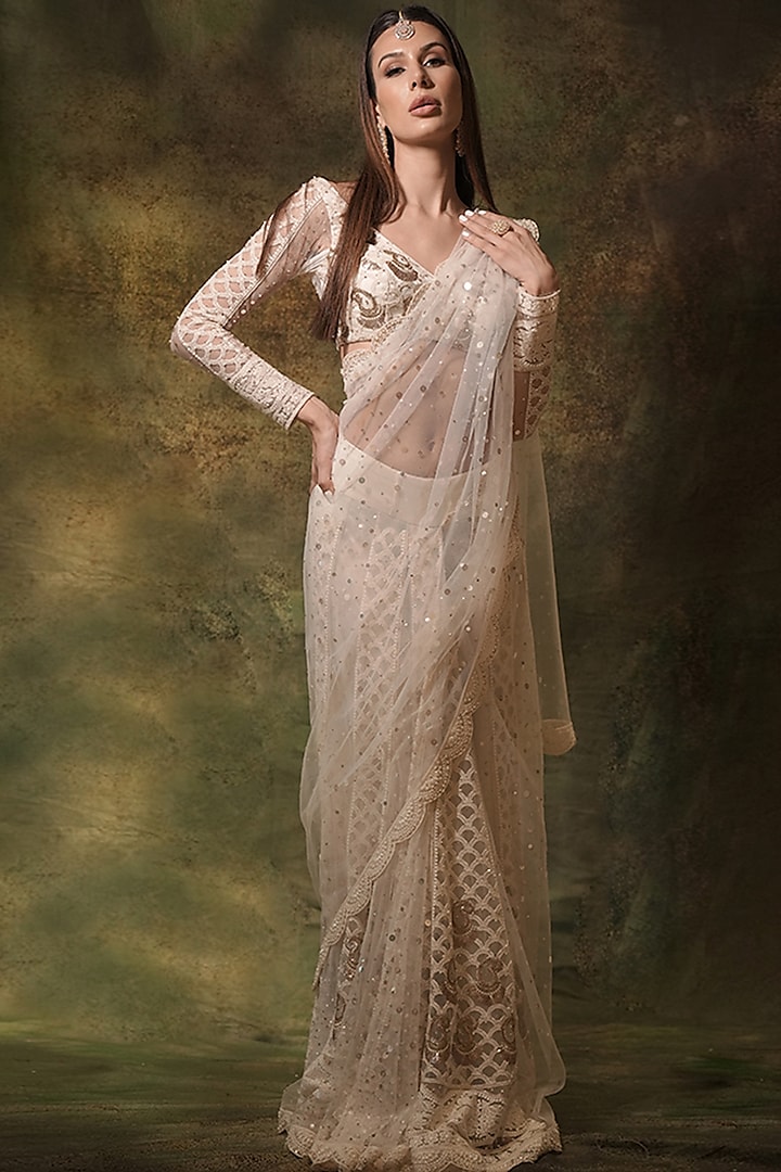 Ivory Net Lucknowi Thread Work Pre-Stitched Skirt Saree Set by Archana Kochhar