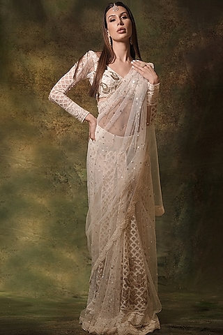 Ivory Net Lucknowi Thread Work Pre-Stitched Skirt Saree Set by Archana Kochhar