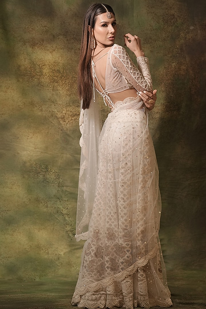 Ivory Net Lucknowi Thread Work Pre-Stitched Skirt Reception Saree Set by Archana Kochhar at Pernia's Pop Up Shop