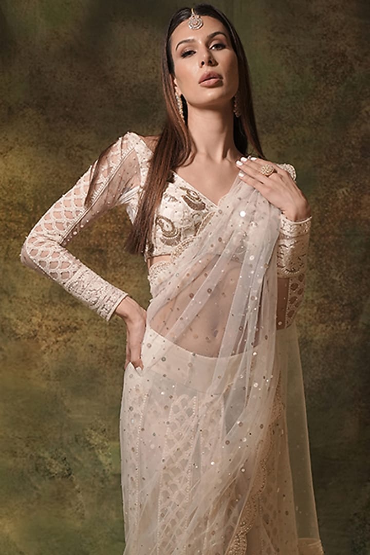 Ivory Net Lucknowi Thread Work Pre-Stitched Skirt Reception Saree Set by Archana Kochhar at Pernia's Pop Up Shop