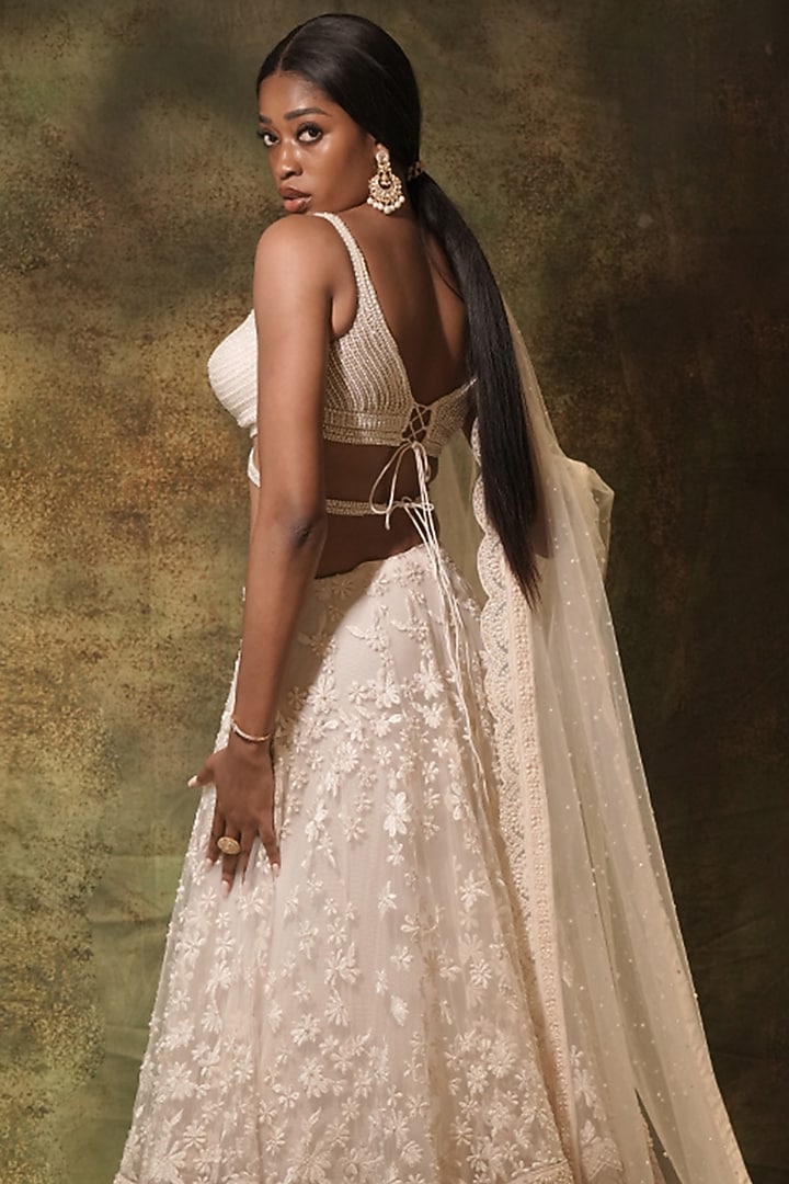 Ivory Net Resham & Pearl Embroidered Wedding Lehenga Set by Archana Kochhar at Pernia's Pop Up Shop