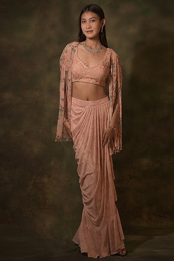 Pastel Pink Georgette Floral Printed Dhori Skirt Set by Archana Kochhar