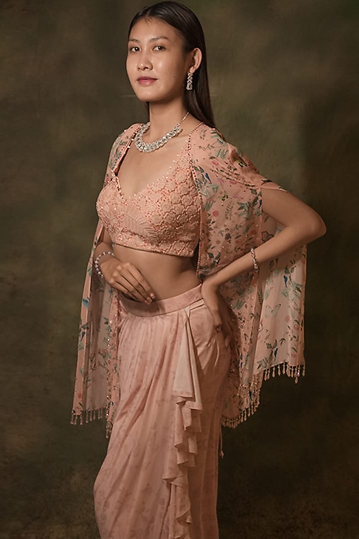 Pastel Pink Georgette Floral Printed Dhori Skirt Set by Archana Kochhar at Pernia's Pop Up Shop