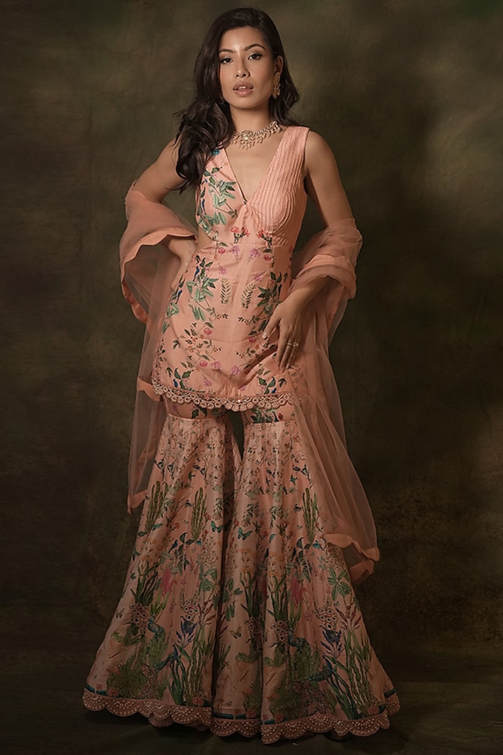 Pastel Pink Silk Thread Embellished Sharara Set by Archana Kochhar