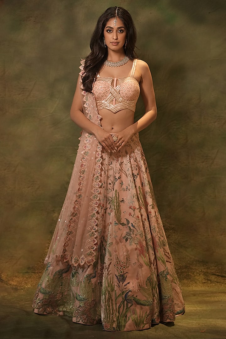 Pastel Pink Georgette Printed & Sequins Embroidered Lehenga Set by Archana Kochhar