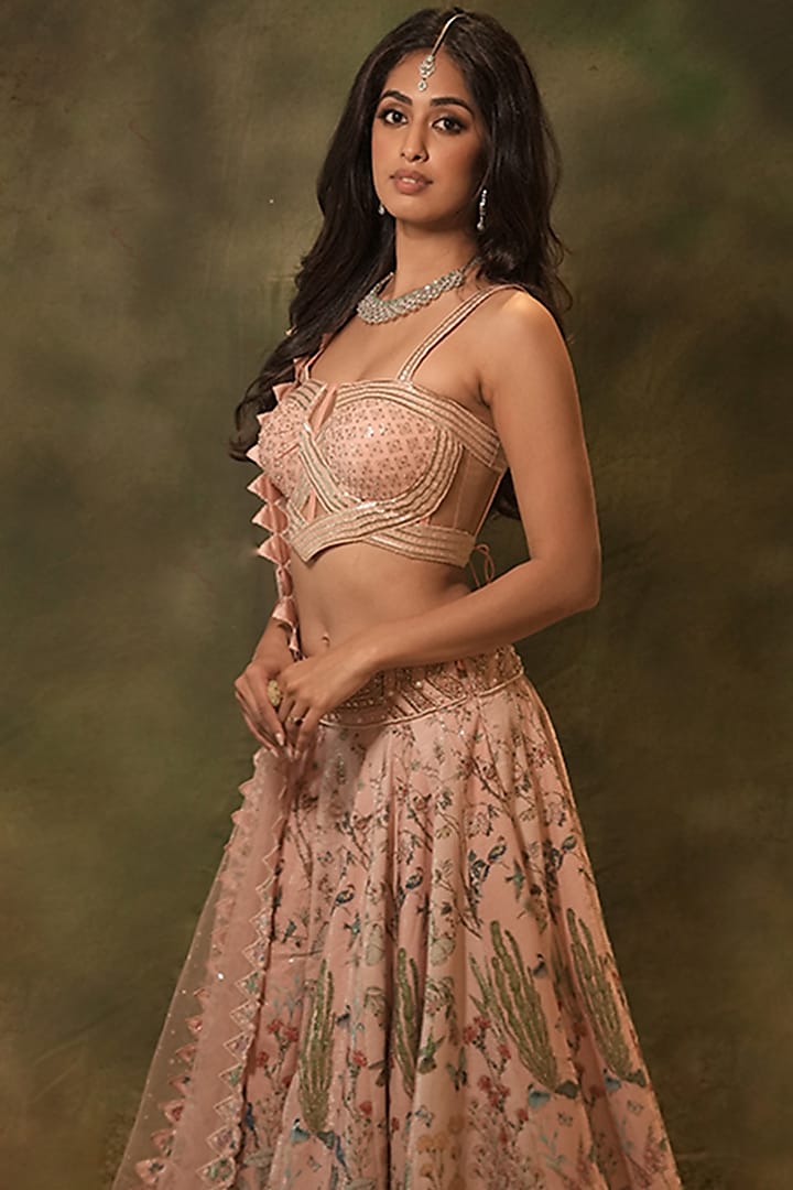 Pastel Pink Georgette Printed & Sequins Embroidered Bridal Lehenga Set by Archana Kochhar at Pernia's Pop Up Shop