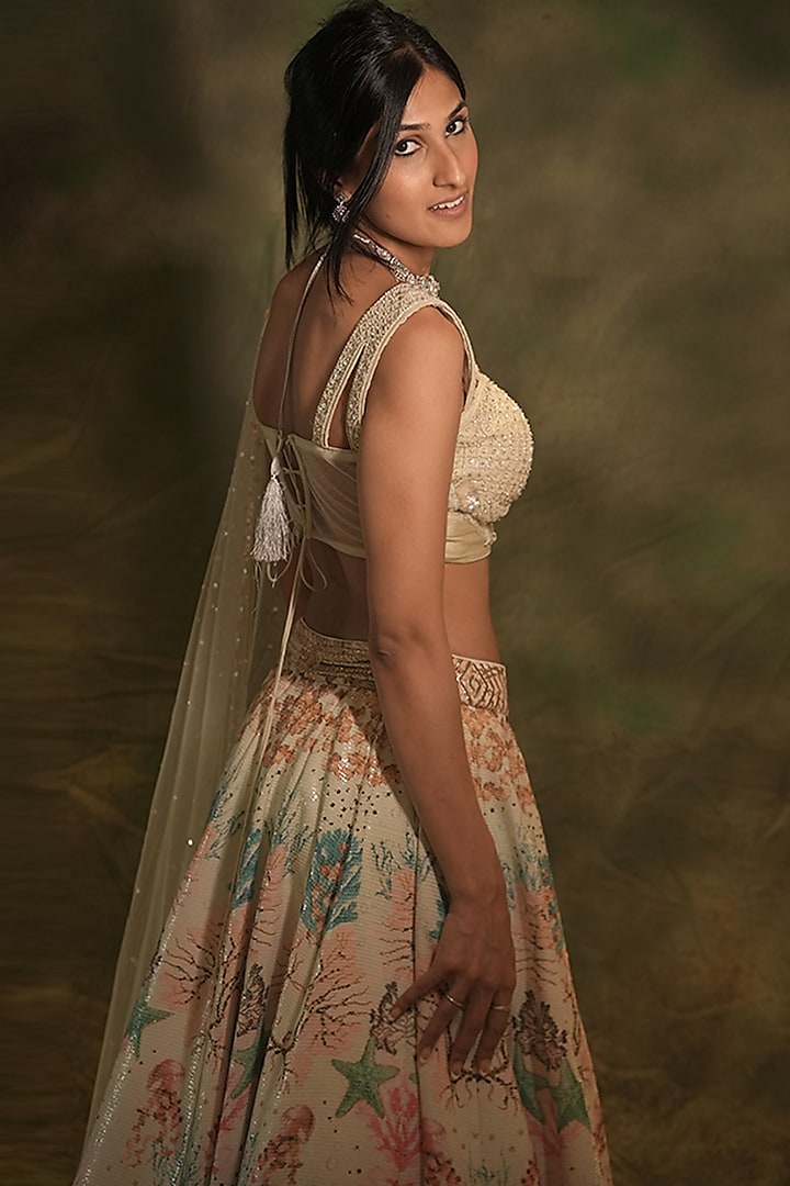 Pastel Green Raw Silk Printed & Sequins Embroidered Wedding Lehenga Set by Archana Kochhar at Pernia's Pop Up Shop