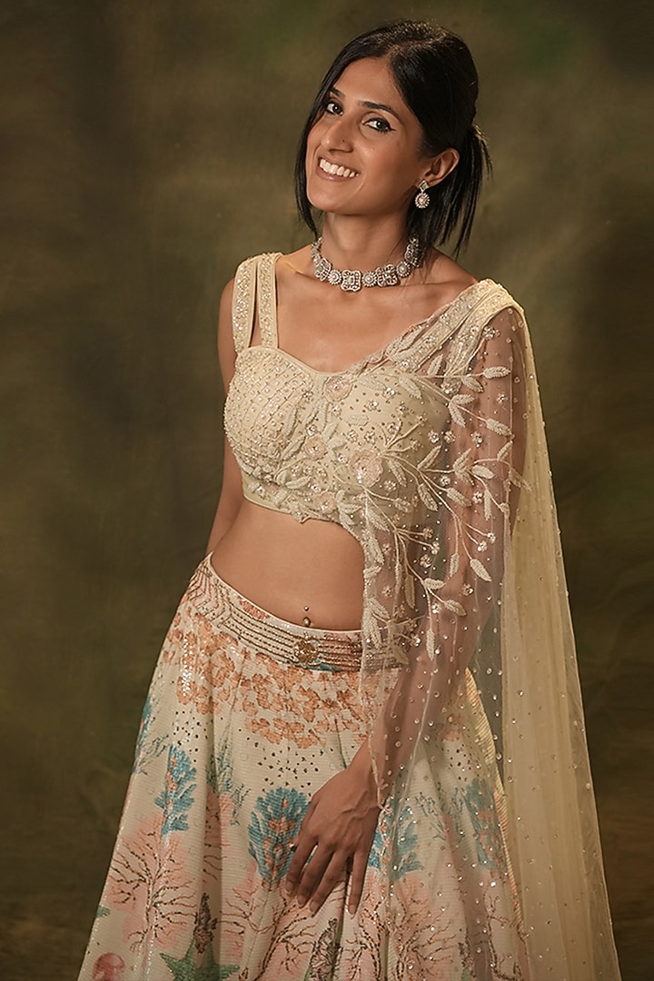 Pastel Green Raw Silk Printed & Sequins Embroidered Wedding Lehenga Set by Archana Kochhar at Pernia's Pop Up Shop