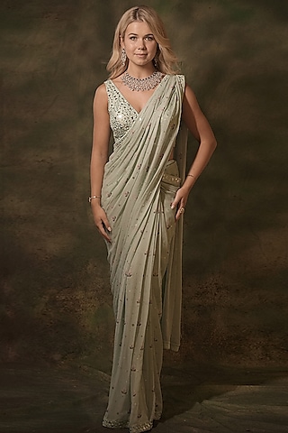 Pastel Green Georgette Sequins Embroidered Pre-Stitched Saree Set by Archana Kochhar