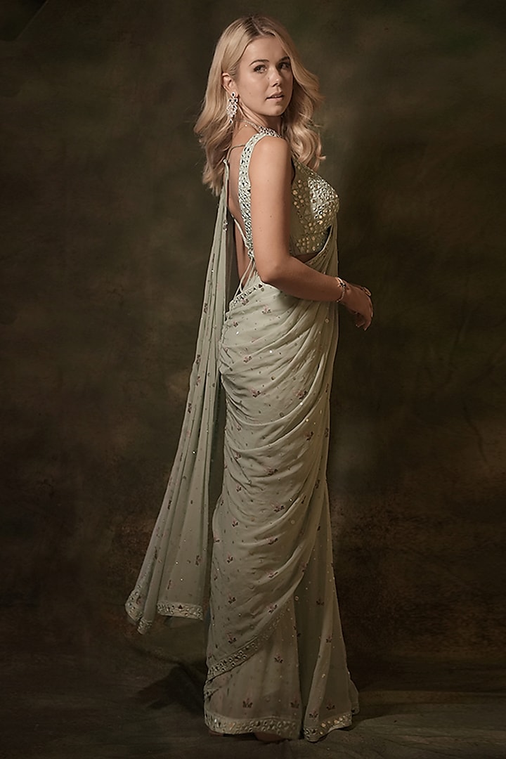 Pastel Green Georgette Sequins Embroidered Pre-Stitched Wedding Saree Set by Archana Kochhar at Pernia's Pop Up Shop