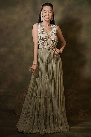 Pastel Green Georgette Floral Sequins Embellished Jacket Lehenga Set by Archana Kochhar