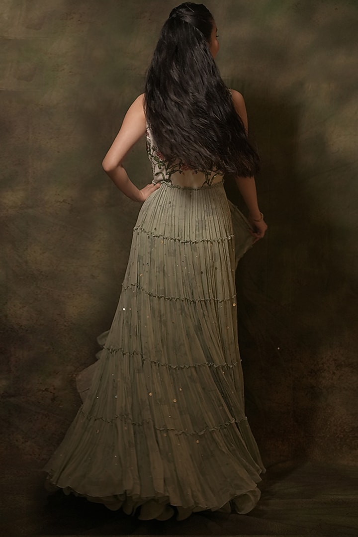 Pastel Green Georgette Floral Sequins Embellished Jacket Wedding Lehenga Set by Archana Kochhar at Pernia's Pop Up Shop