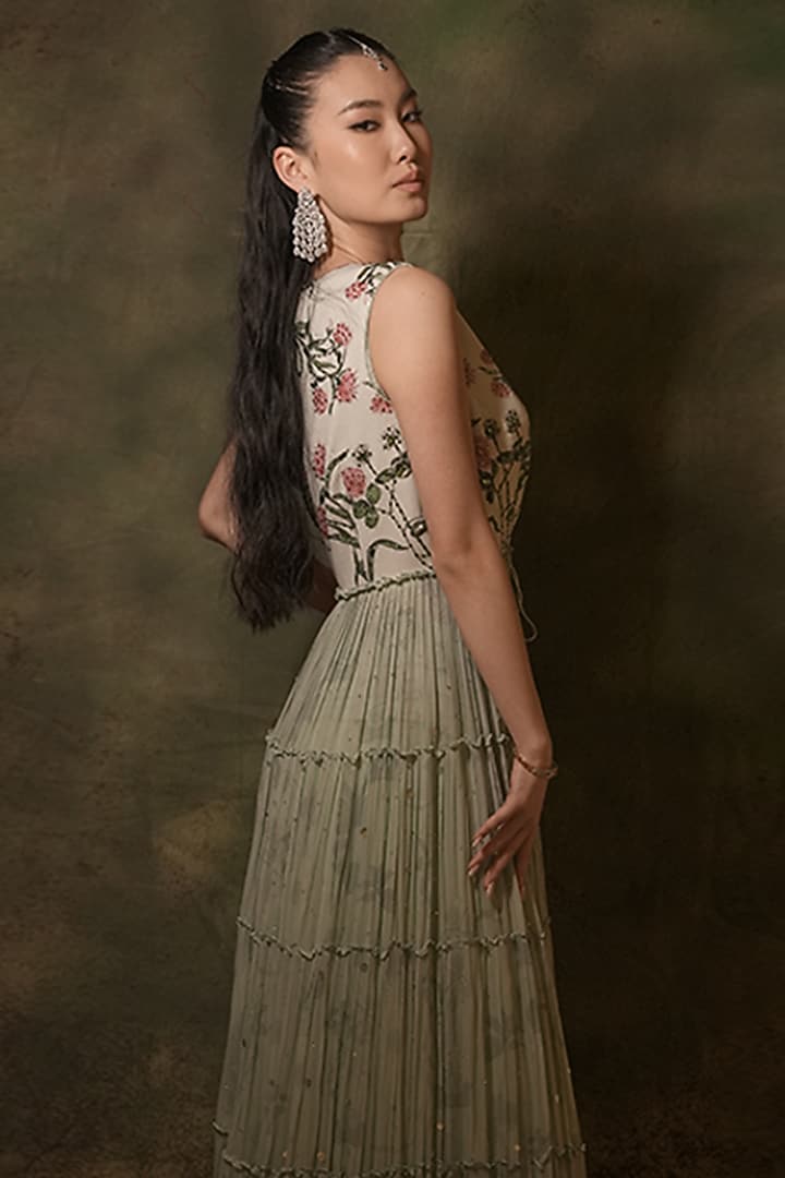 Pastel Green Georgette Floral Sequins Embellished Jacket Wedding Lehenga Set by Archana Kochhar at Pernia's Pop Up Shop