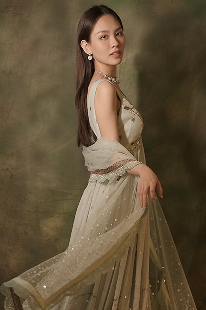 Pastel Green Georgette Sequins Embellished Wedding Anarkali Set by Archana Kochhar at Pernia's Pop Up Shop