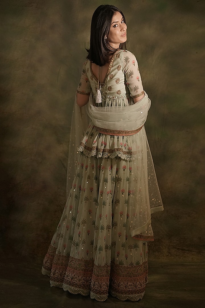 Pastel Green Georgette Pearl Embellished Wedding Lehenga Set by Archana Kochhar at Pernia's Pop Up Shop