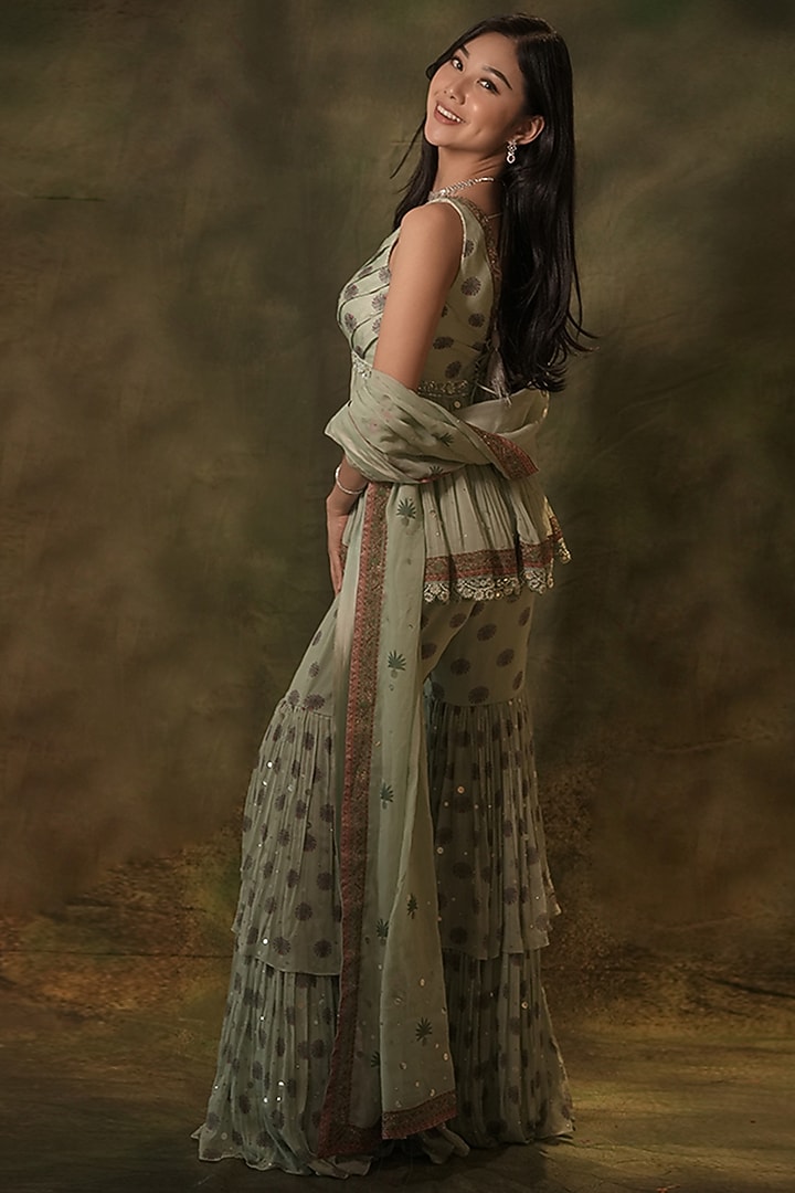 Pastel Green Georgette Pearl Embellished Tiered Wedding Sharara Set by Archana Kochhar at Pernia's Pop Up Shop