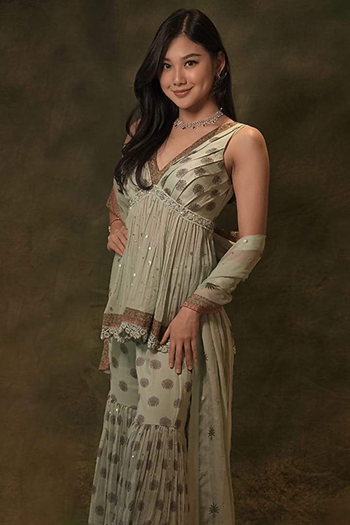 Pastel Green Georgette Pearl Embellished Tiered Wedding Sharara Set by Archana Kochhar at Pernia's Pop Up Shop