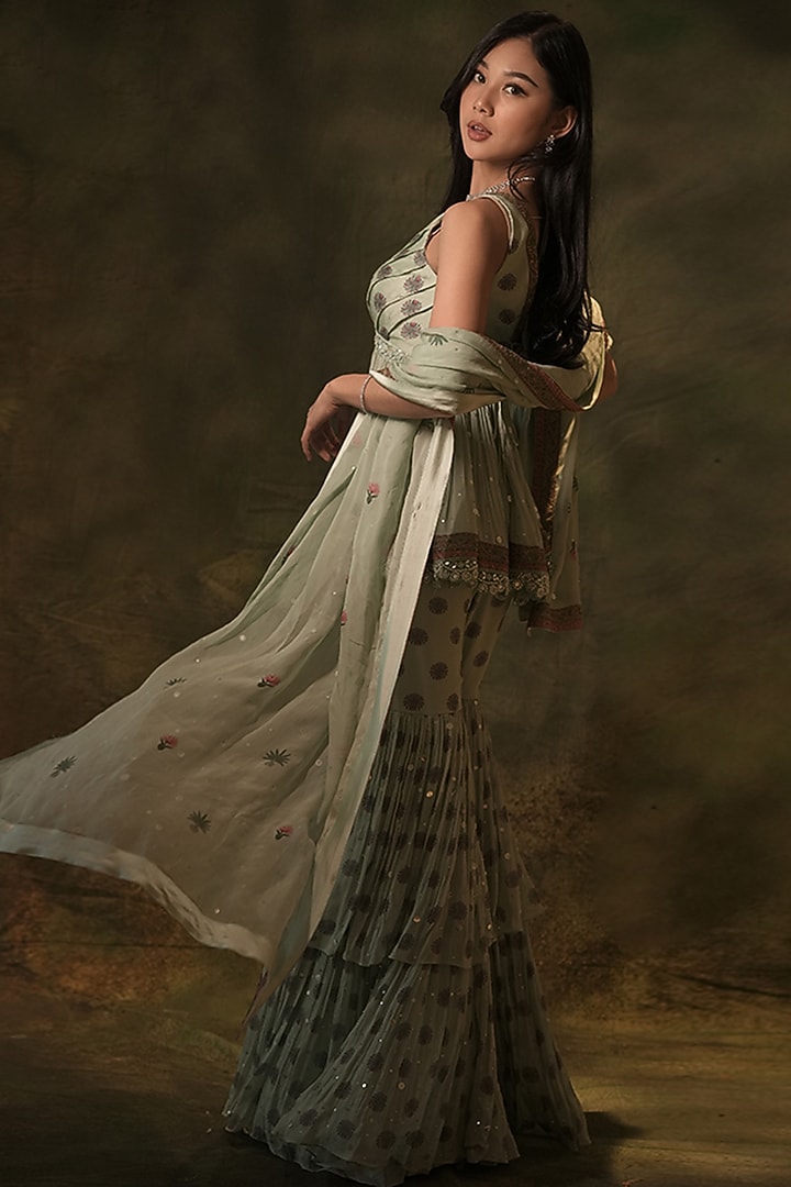 Pastel Green Georgette Pearl Embellished Tiered Wedding Sharara Set by Archana Kochhar at Pernia's Pop Up Shop