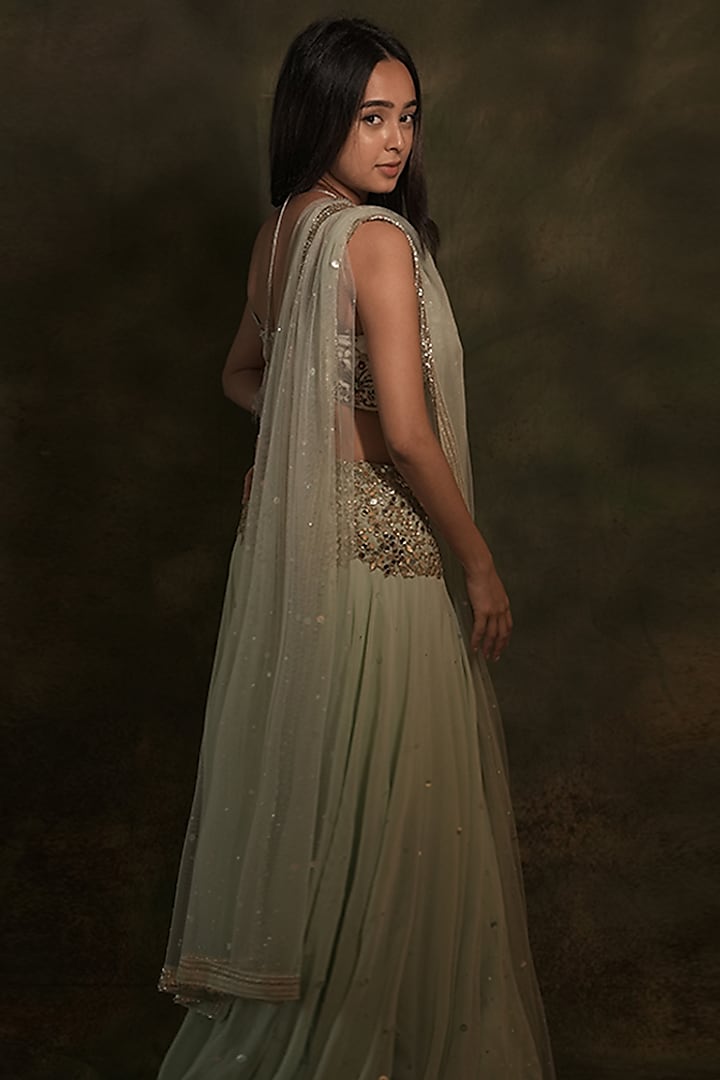 Pastel Green Georgette Mirror Embroidered Wedding Lehenga Set by Archana Kochhar at Pernia's Pop Up Shop