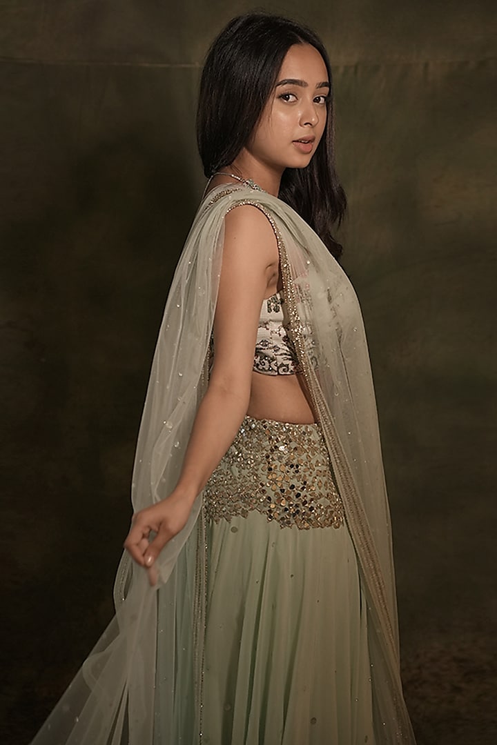 Pastel Green Georgette Mirror Embroidered Wedding Lehenga Set by Archana Kochhar at Pernia's Pop Up Shop