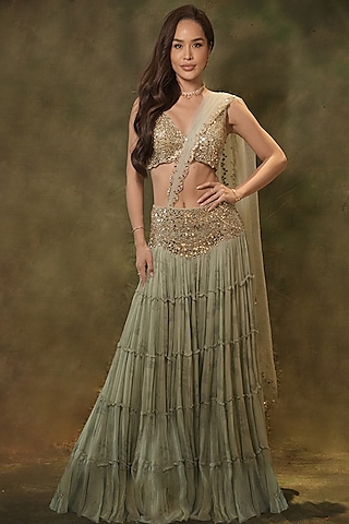 Pastel Green Georgette Mirror Embroidered Lehenga Set by Archana Kochhar