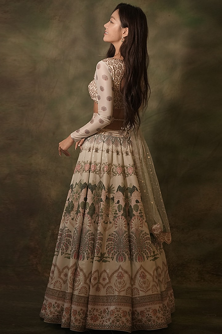 Pastel Green Raw Silk Printed & Sequins Embroidered Wedding Lehenga Set by Archana Kochhar at Pernia's Pop Up Shop