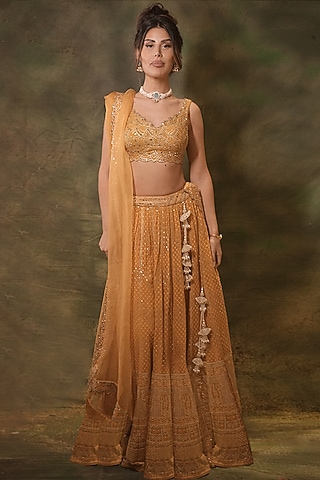 Mustard Georgette Lucknowi Thread Embroidered Lehenga Set by Archana Kochhar