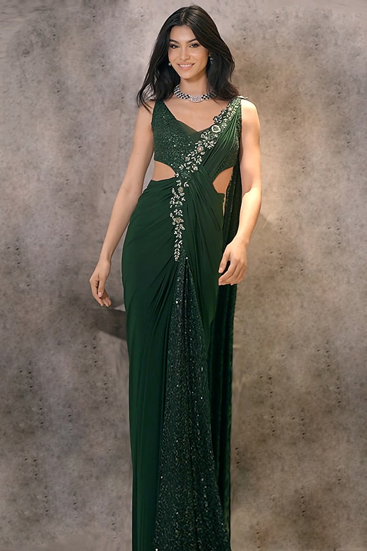Green Georgette & Lycra Floral Embroidered Gown Saree by Archana Kochhar