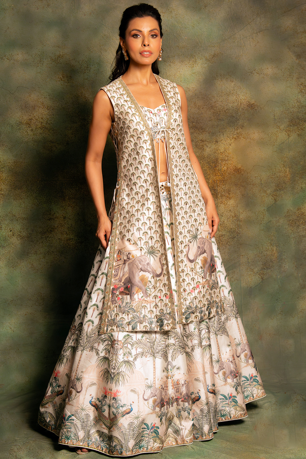 Ivory Raw Silk Printed & Embroidered Jacket Wedding Lehenga Set by Archana Kochhar at Pernia's Pop Up Shop