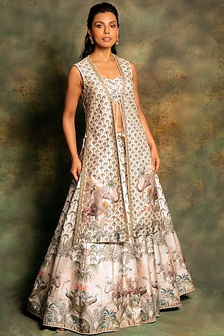 Ivory Raw Silk Printed & Embroidered Jacket Lehenga Set by Archana Kochhar