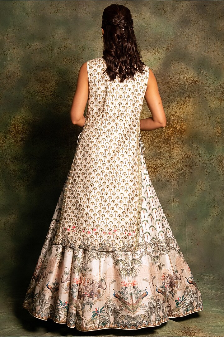Ivory Raw Silk Printed & Embroidered Jacket Wedding Lehenga Set by Archana Kochhar at Pernia's Pop Up Shop