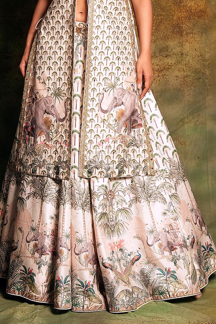 Ivory Raw Silk Printed & Embroidered Jacket Wedding Lehenga Set by Archana Kochhar at Pernia's Pop Up Shop