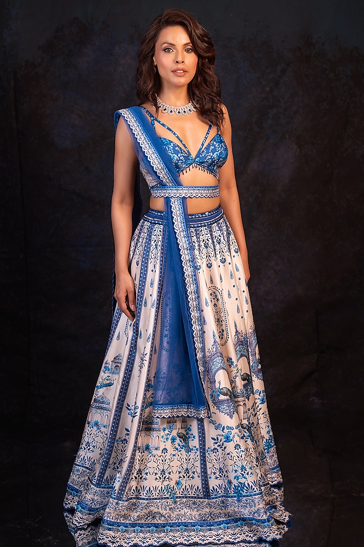 Deep Indigo Blue & White Raw Silk Printed Wedding Lehenga Set by Archana Kochhar at Pernia's Pop Up Shop