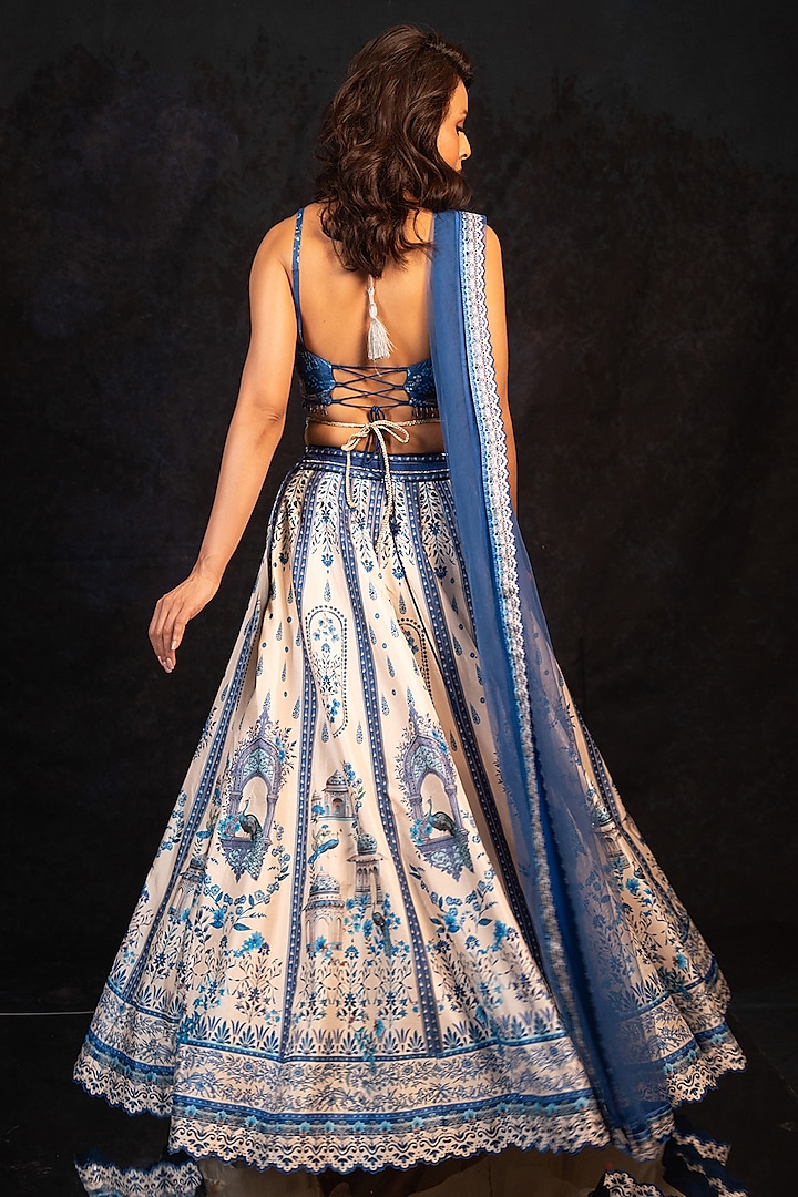 Deep Indigo Blue & White Raw Silk Printed Wedding Lehenga Set by Archana Kochhar at Pernia's Pop Up Shop
