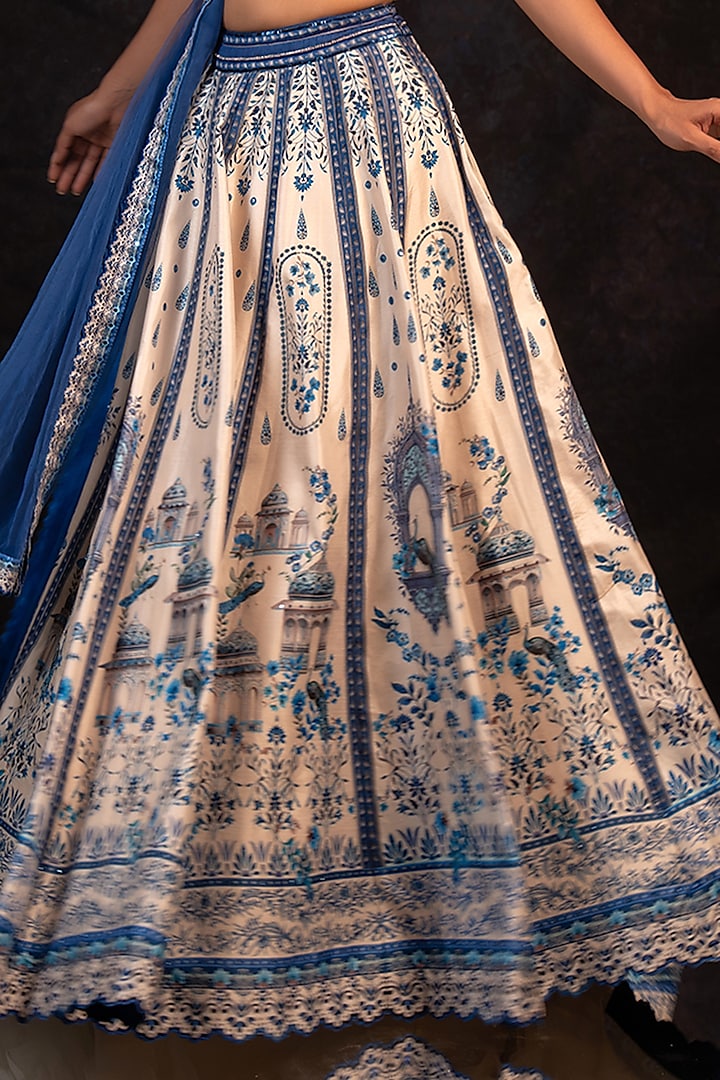 Deep Indigo Blue & White Raw Silk Printed Wedding Lehenga Set by Archana Kochhar at Pernia's Pop Up Shop