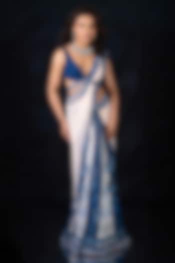 Deep Indigo Blue & White Georgette Hand Embroidered Wedding Saree Set by Archana Kochhar at Pernia's Pop Up Shop