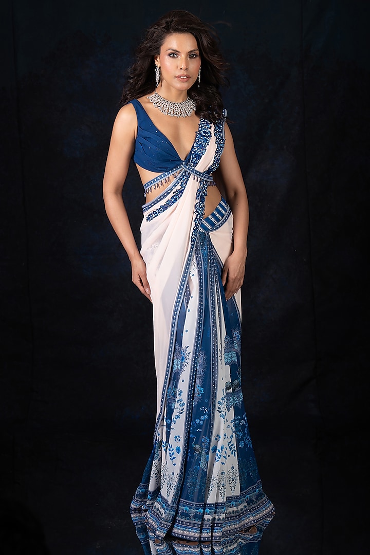 Deep Indigo Blue & White Georgette Hand Embroidered Wedding Saree Set by Archana Kochhar at Pernia's Pop Up Shop