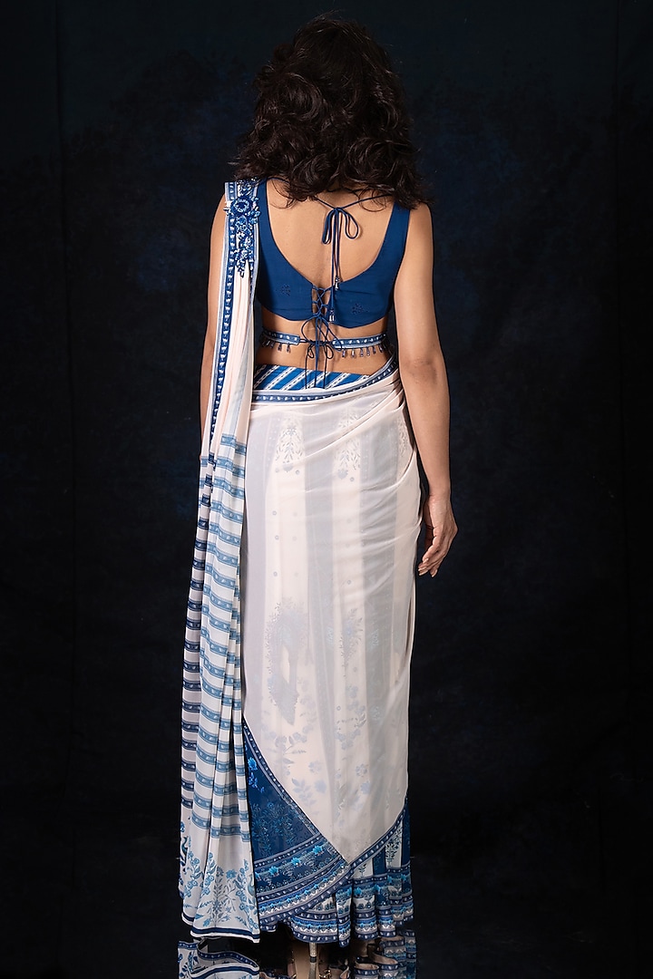 Deep Indigo Blue & White Georgette Hand Embroidered Wedding Saree Set by Archana Kochhar at Pernia's Pop Up Shop