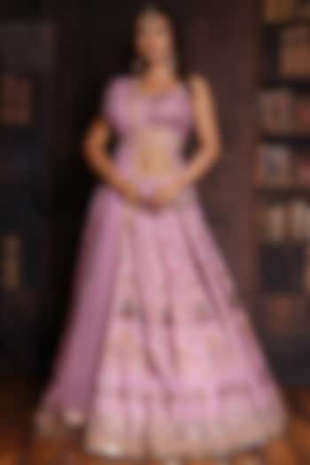 Lilac Raw Silk Printed & Embroidered Wedding Lehenga Set by Archana Kochhar at Pernia's Pop Up Shop