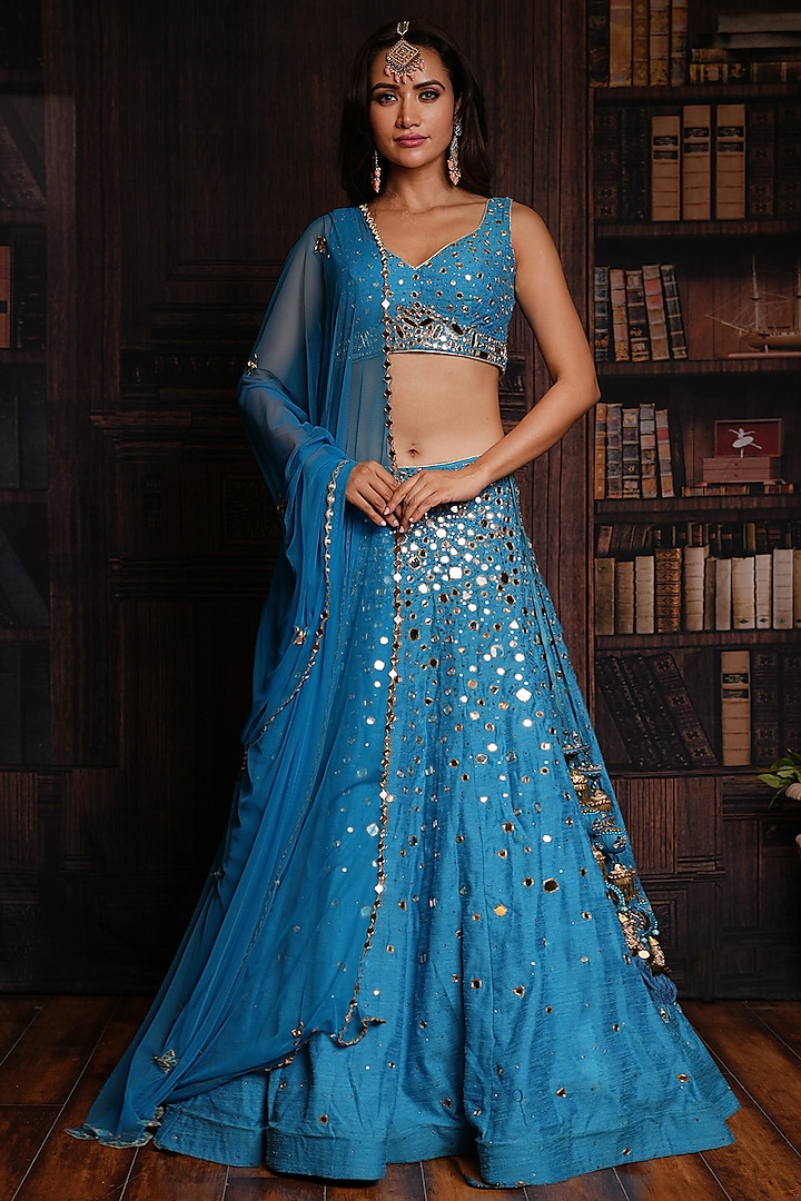 Blue Raw Silk Thread Embroidered Wedding Lehenga Set by Archana Kochhar at Pernia's Pop Up Shop