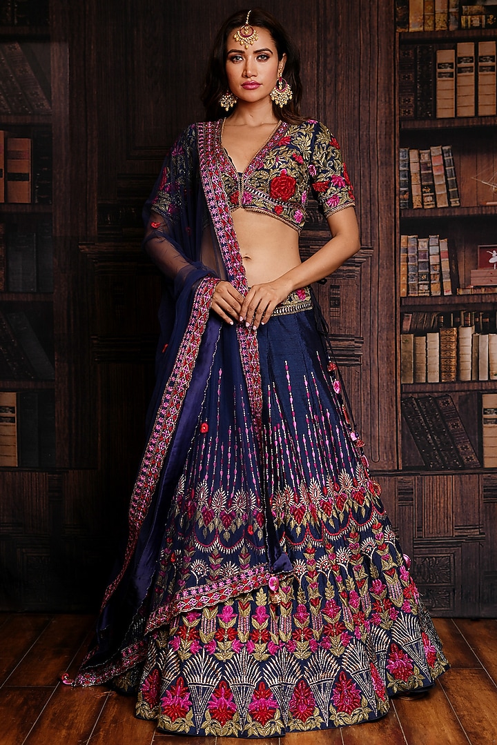 Navy Blue Raw Silk Embroidered Wedding Lehenga Set by Archana Kochhar at Pernia's Pop Up Shop