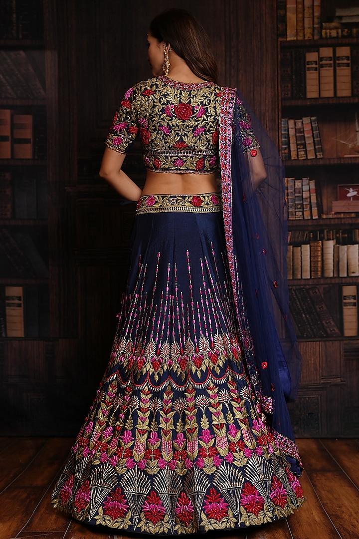 Navy Blue Raw Silk Embroidered Wedding Lehenga Set by Archana Kochhar at Pernia's Pop Up Shop