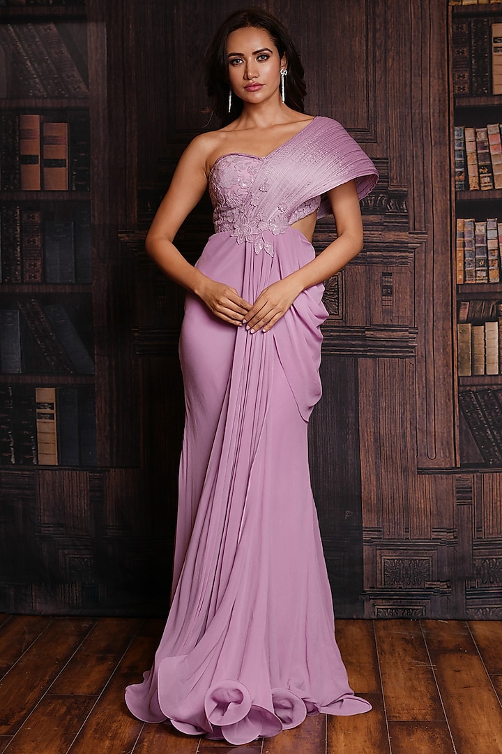 Lilac Lycra & Net Thread Embroidered Draped Gown by Archana Kochhar