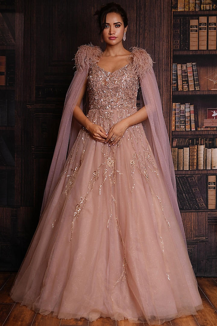 Rose Gold Net Floral Embroidered Gown by Archana Kochhar