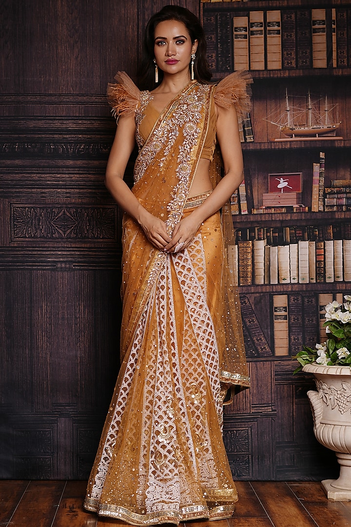 Gold Net Embroidered Saree Set by Archana Kochhar