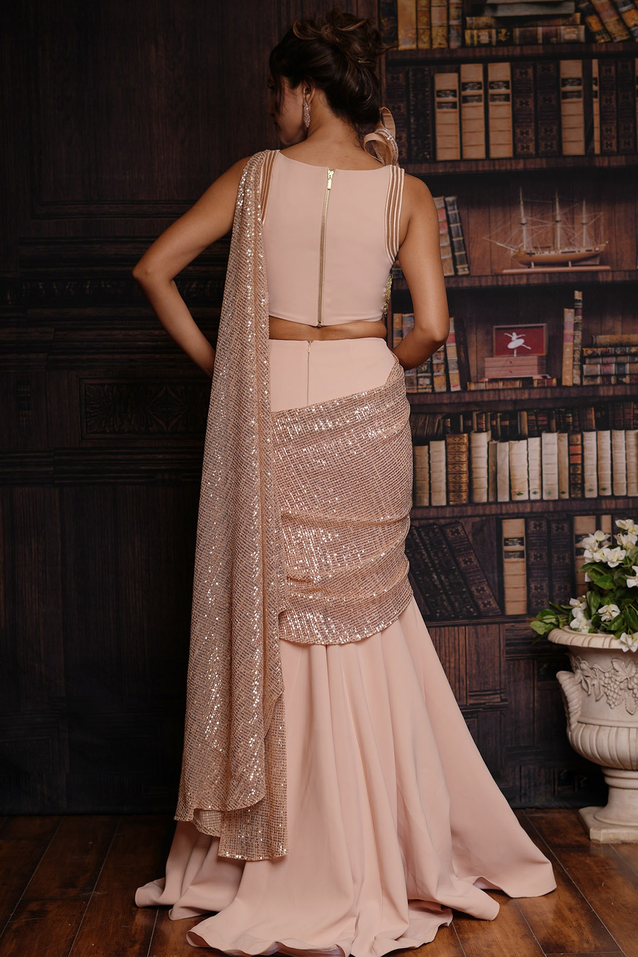 Rose Pink Party Net Designer Lehenga Style Saree buy online -