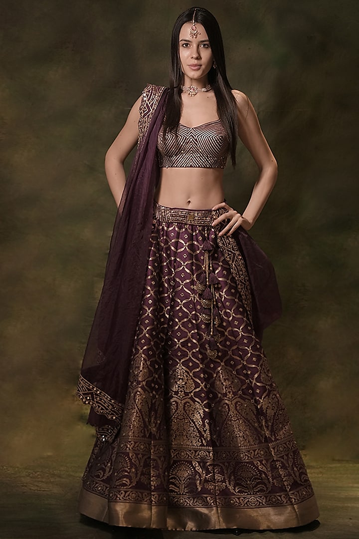 Purple Silk Gota & Thread Embroidered Lehenga Set by Archana Kochhar