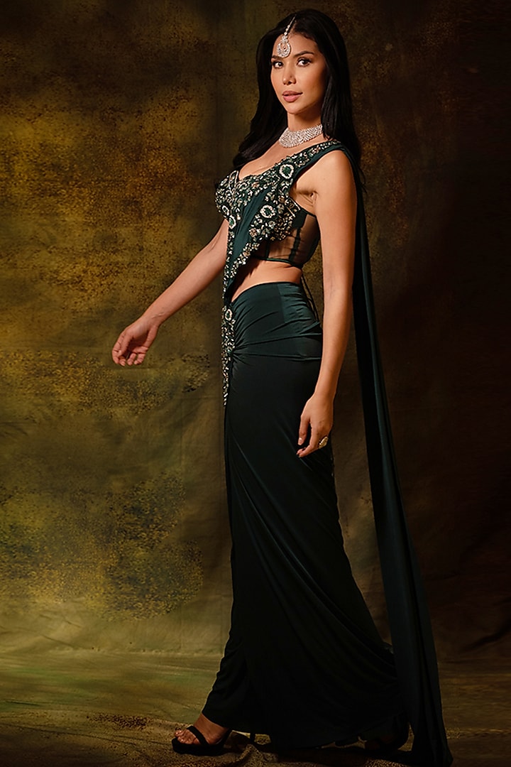 Green Lycra Floral Embroidered Draped Dhoti Wedding Saree Set by Archana Kochhar at Pernia's Pop Up Shop